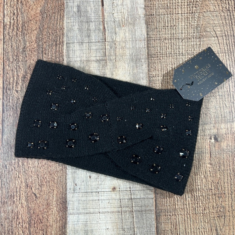 Victoria's Secret Black Rhinestone Knit Headband Ear Warmer NWT Luxe Glam Cozy